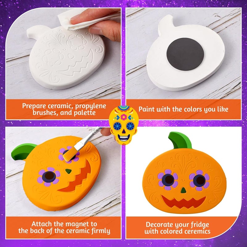 Perthlin 12 Pcs Ceramics to Paint Thanksgiving Fall Painting Crafts Halloween Day of The Dead DIY Crafts with Pastel Brush Palette Magnet for Party Decor Gifts Supplies(Day of The Dead) - Image 3